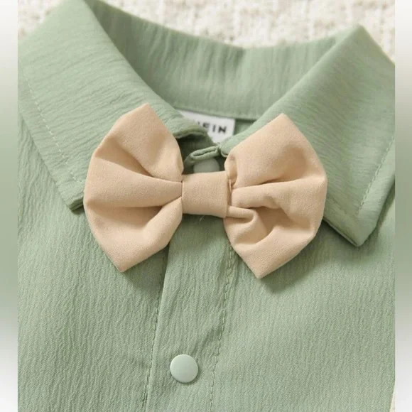 Baby boy bow front shirt and suspender shorts set, 18-24 months, green/tan - Picture 3 of 10